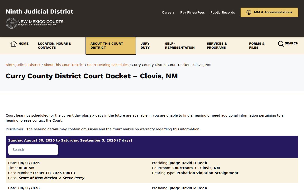 Curry County court schedule at the District Court docket page