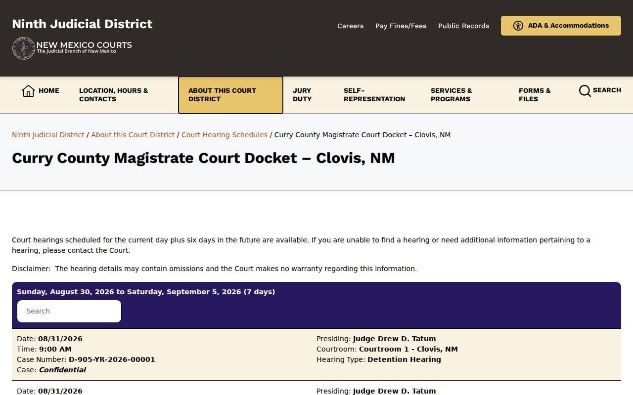 Curry County court calendar Magistrate Court schedule notice