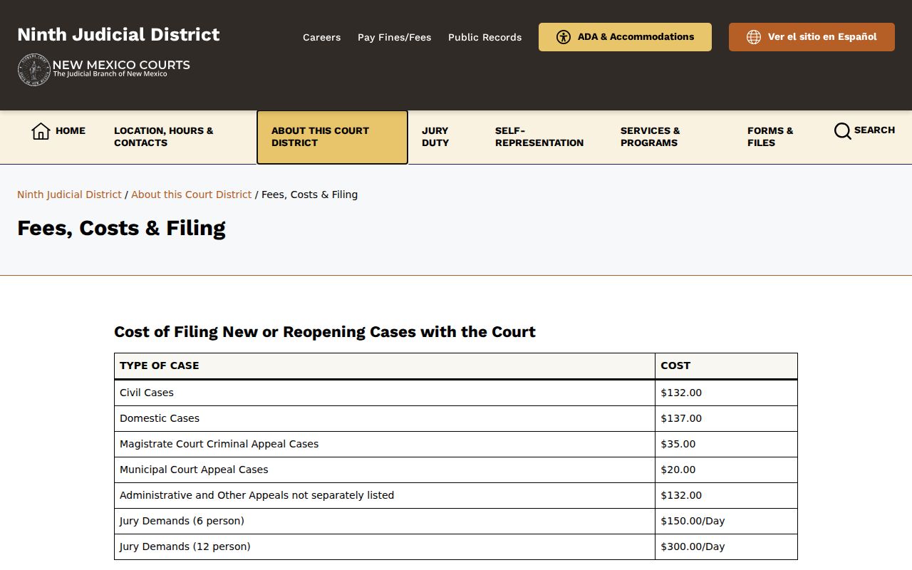 Curry County court records Ninth District copy and certification fee schedule