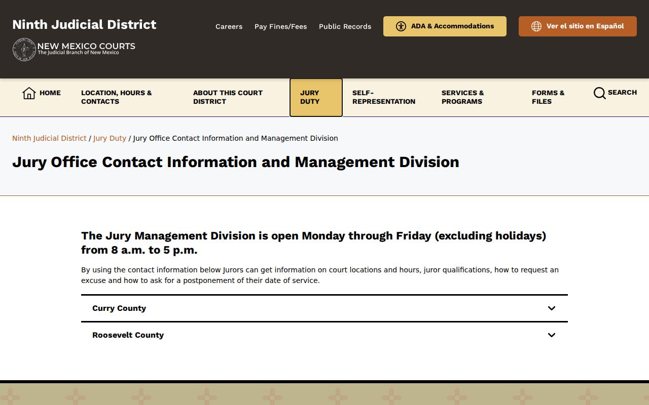 Curry County court docket jury management office contact route